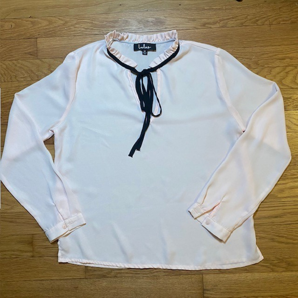Lulus Tea Shop Blush Pink Long Sleeve Top Blouse Black Bow Womens Small Coquette